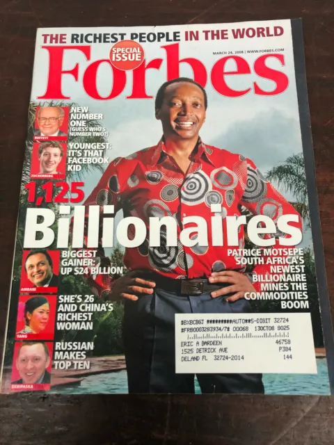 Vtg Forbes March 2008 Magazine - Billionaires Buffett Zuckerberg Patrice Motsepe