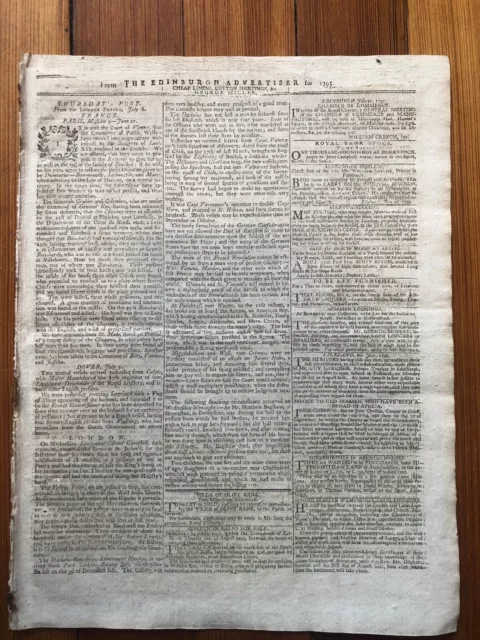 1795 Edinburgh SCOTLAND FRENCH REVOLUTION era newspaper w RED BRITISH TAX STAMP