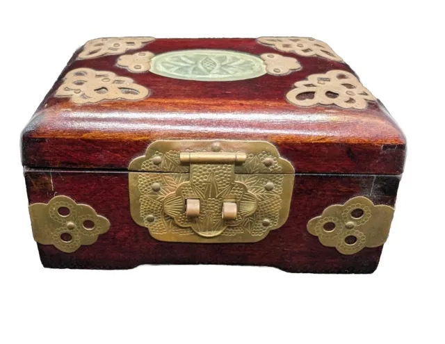 Small Chinese Lined Wooden Jewellery Box With Brass Decorations .Vt54