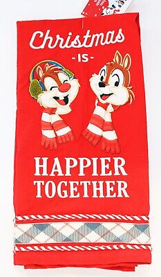 Disney Christmas Holiday Kitchen Towel Chip Dale Walt's Lodge Happier Together