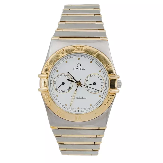 Men's Omega 34mm Constellation Chronograph 18K Gold / Steel Watch w/White Dial.