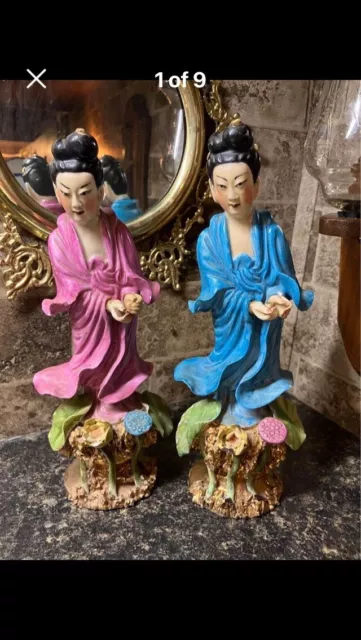 Vintage Set Of 2, Porcelain Kwan Yin Famille Rose Figurine