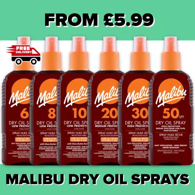 Malibu Dry Oil Sprays From SPF 2 - SPF 50 100ml & 200ml, Malibu Dry Oil Gels