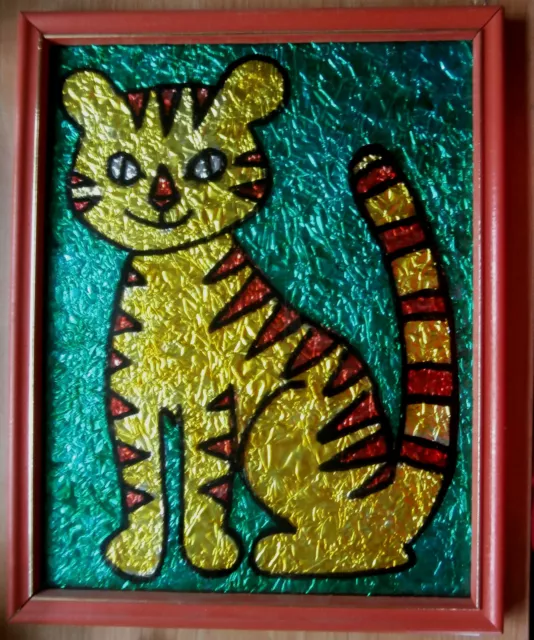 Colorful Vintage Aluminum Foil On Reverse Paint Kitten Framed