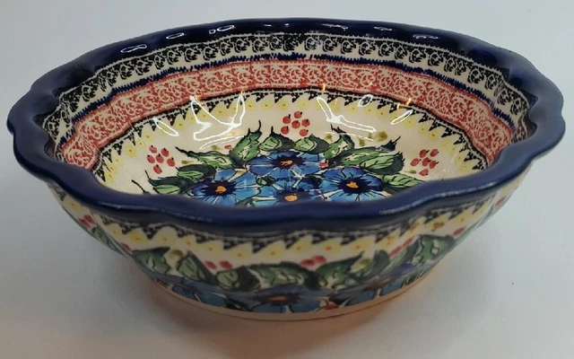 Polish Pottery Scalloped Bowl 8” - Morning Glory - Unikat - NEW - Signed