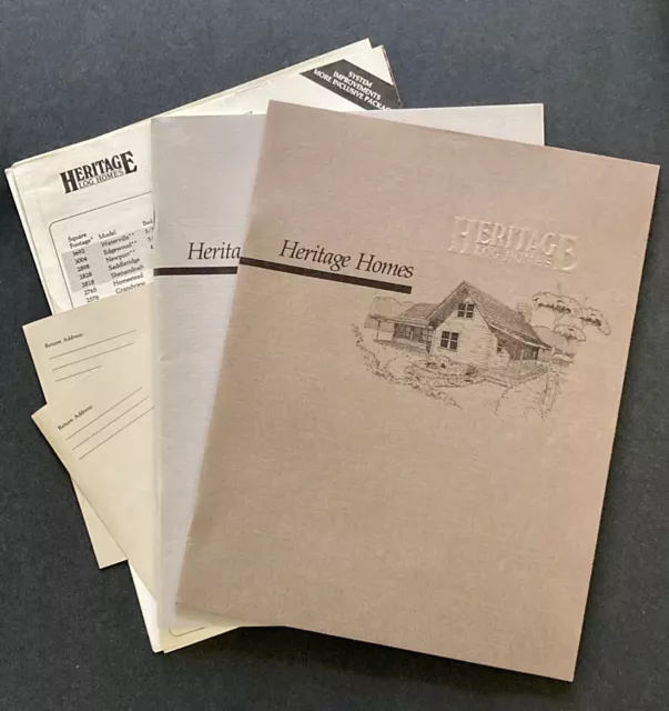 Libro de planos de casa Heritage Log Homes con folleto y paquete de información 1985