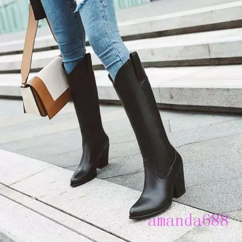 Womens Faux Leather Western Knee High Boots Cowboy Block High Heels Riding Shoes