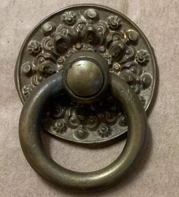 True Antique ornate ring pulls drawer screw & plate Brass metal 1920's 1930's