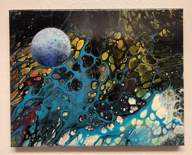 Psychedelic￼ Space, Blue Moon, Nebula￼, Planet, Acrylic Pour, Painting Canvas