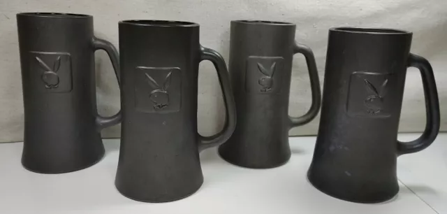 Playboy Bunny Logo Black Frosted Glass Drinking Beer Stein Mug Vintage Set Of 4