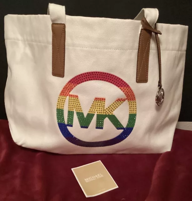 Michael Kors Pride Small Smooth Leather Rainbow Kors Convertible Shoulder Bag Crossbody Handbag (Optic White)