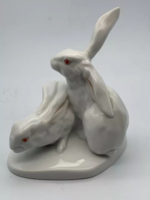Herend Porcelain Figurine Pair Of White Rabbits
