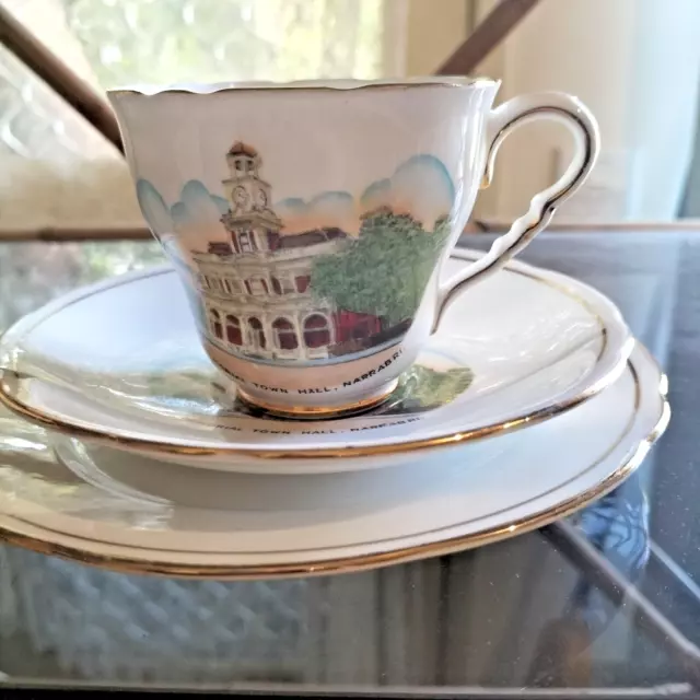 Royal Stafford Trio, Teacup, Saucer, Side Plate. 'Memorial Town Hall Narrabri' 2