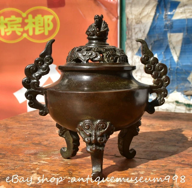 7.6" Marked Old Chinese Bronze Dynasty Dragon Beast incense burner Censer