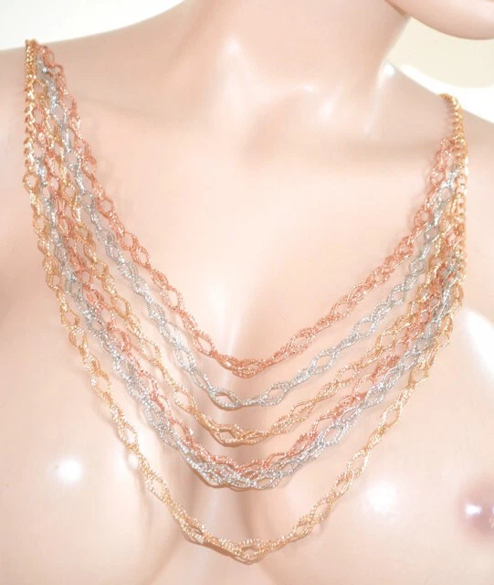 Sautoir Multirangs Argent/or Rose Doré Pour Femme - Collier Long Scintillant C330, Neuf Avec étiquettes