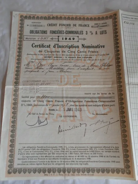 Vintage share certificate Stocks Bonds credit Foncier De France 1949 certificat
