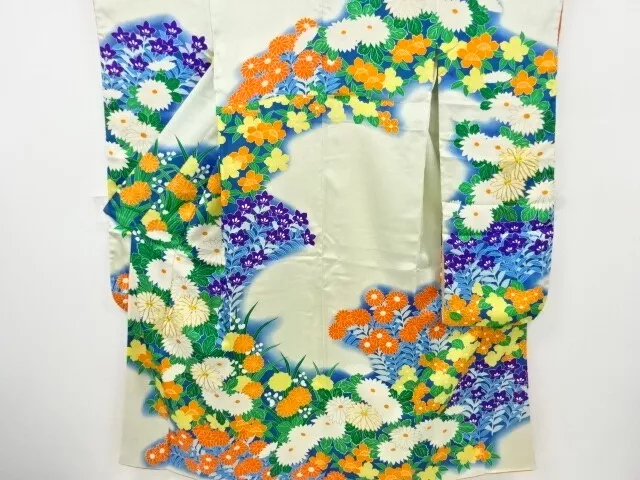 11359# Japanese Kimono / Antique Furisode / Embroidery / Kiku & Flower