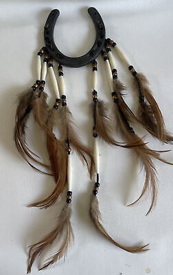 Western Decor Hanging Diamond Horseshoe with Feathers Beads & Leather EUC