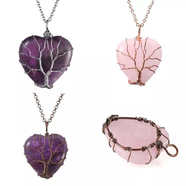 Natural Amethyst Crystal Quartz Heart Wire Wrap Tree Life Stone Pendant Necklace