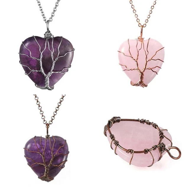 Natural Healing Crystal Tree Life Heart Chakra Wire Wrap Stone Pendant Necklace