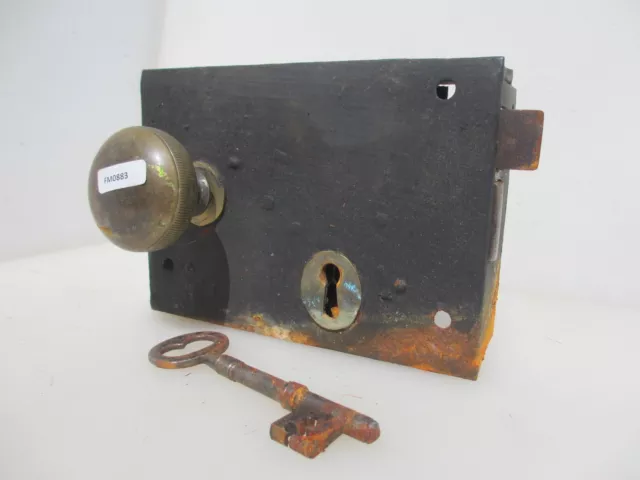 LARGE ANTIQUE IRON Door Lock Vintage Old Key Brass Knobs Handles Bolt 7 ...