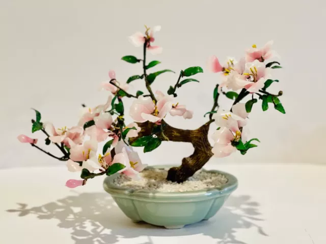 Vintage Table Jade Glass Bonsai Tree Flower Asian Cherry Blossom Magnolia
