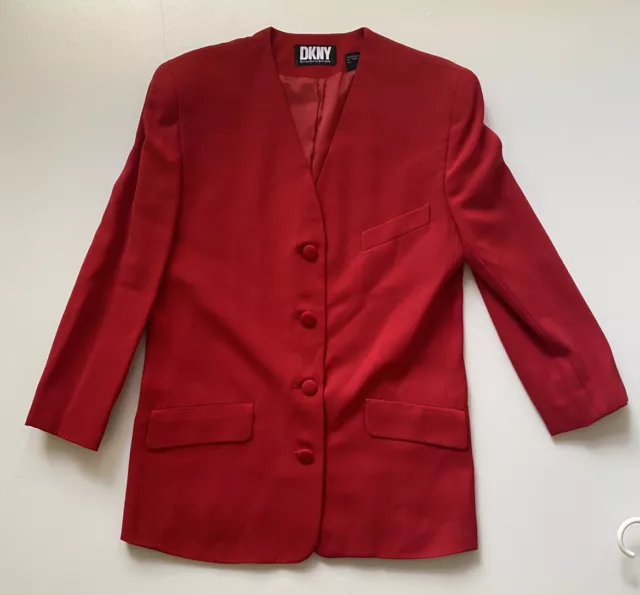 Vintage Donna Karan DKNY Bright Red 100% Wool Blazer Jacket Women’s Size 8 FLAW