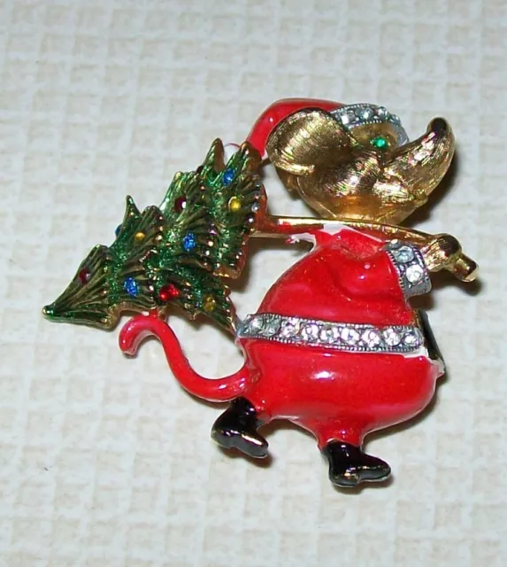 Vintage JJ Jonette Gold Tone Mouse w Christmas Tree Enamel Rhinestone Pin Brooch