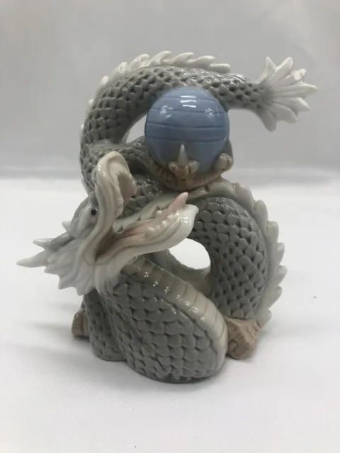 Vintage Yoshimi K Porcelain Foo Dragon Figurine Gray White, Blue Sphere Japan