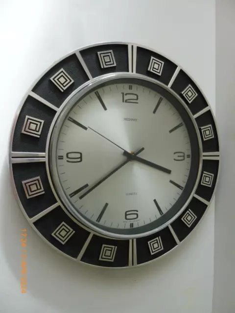 vintage Metamec wall clock black silver Greek key quartz 1970’s