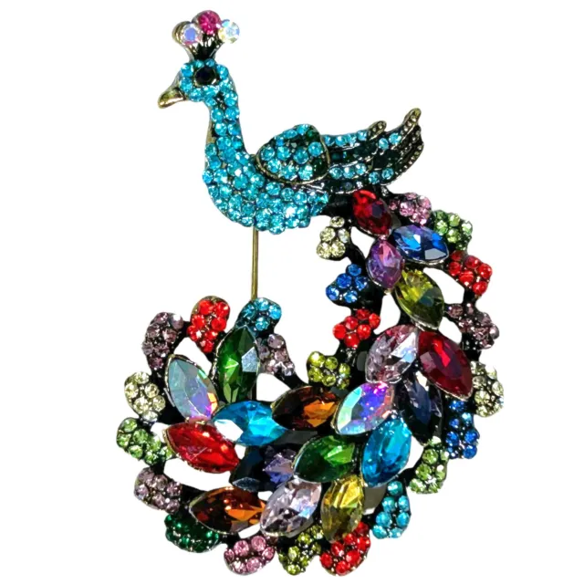 Vintage Stunning Shiny Rhinestone Blue & Rainbow Peacock Brooch Pin Jewelry
