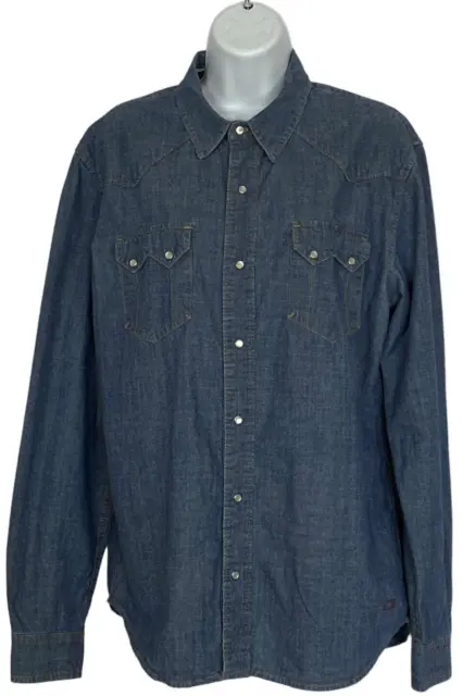 Levi's Denim Chambray LS Shirt Womens M Blue Western Pearl Snap Sawtooth Pockets