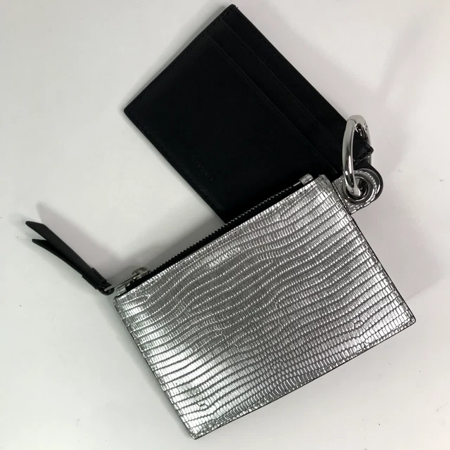 All Saints Duo Leather Wallet Silver Black Embossed Pouch Black Card Holder Ring