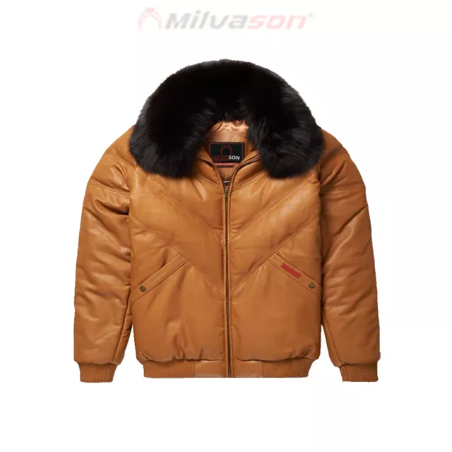 Men's Leather Jacket with Fox Fur Collar - Bubble Brown Leather V-Bomber Jacket