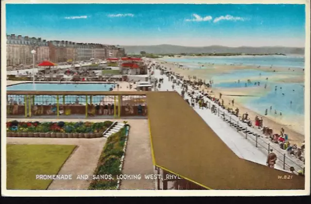 Rhyl, Denbighshire - Promenade, Sands looking W - postcard c.1950s