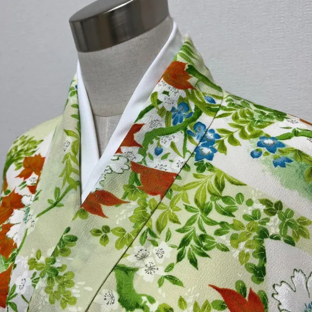 Japanese Pure Silk Fine Pattern Kimono Komon 161cm Light Green Floral