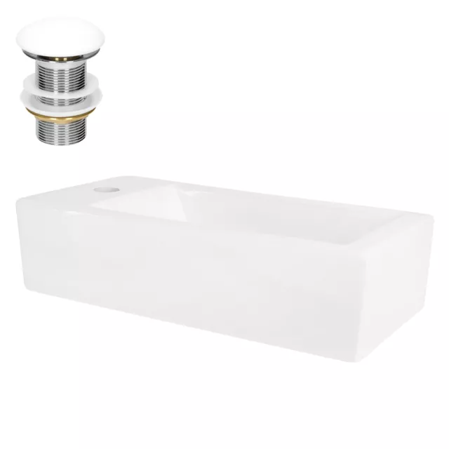 Lavabo rectangular de cerámica con juego de desagüe blanco, hoyo a la izquierda