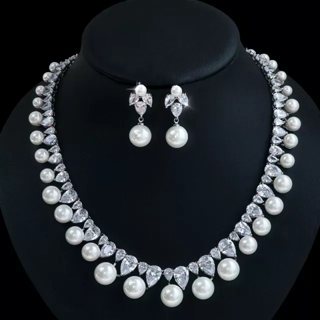 Luxury All CZ Cubic Zirconia Pearl Necklace Earrings Set For Women Bridal