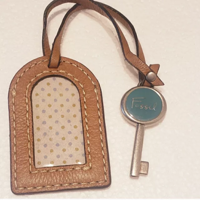 Fossil ID Luggage Hang Tag Bag Charm Key Fob Brown Yellow Leather