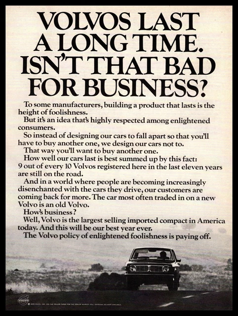 1970 Volvo 144 "Volvos Last A Long Time. Isn't That Bad For Business?" Print Ad