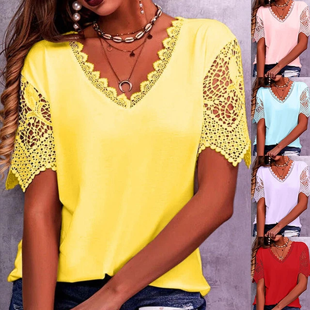 T-shirt Boho Con Pizzo TUUHAW - Top Elegante Manica Corta Per Estate