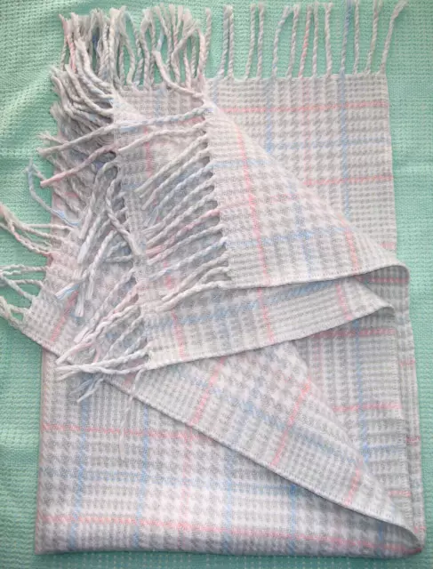 Vintage Pram / Crib Cover Fringed Pastel Grey Check Baby Blanket Nursery Time