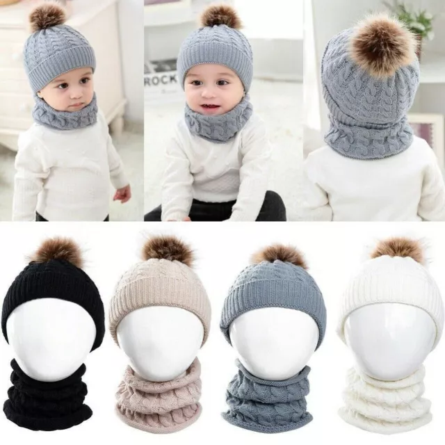 Baby Toddler Boys Girls Winter Warm Knitted Crochet Beanie Hat Cap Scarf Set UK