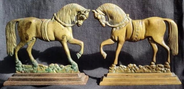 Antique Pair Cast Brass Horses Doorstops Circus Horse Fireside Hearth Decoration