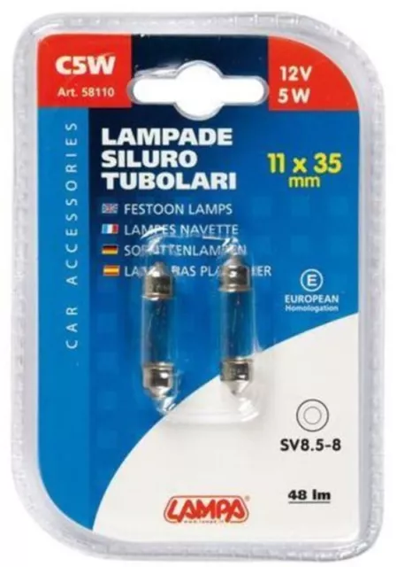 Coppia Lampade Siluro C5W 11x35 mm 12V 5W  SV8,5-8  Lampadine Auto Moto - C58110