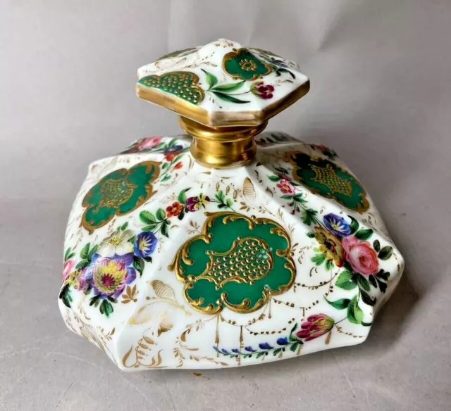 Exquisite 20th Ct French Porcelain Perfume Bottle adorned with Floral Splendor 2