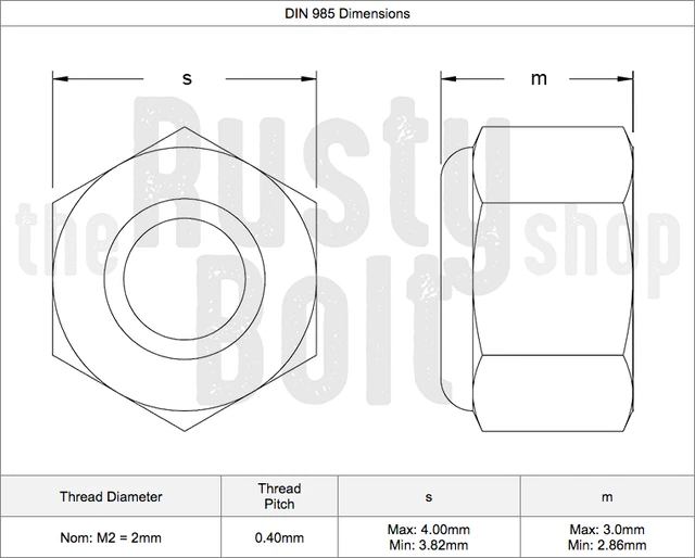 M2 Nylon Inserted Lock Nut, Steel, Black Zinc