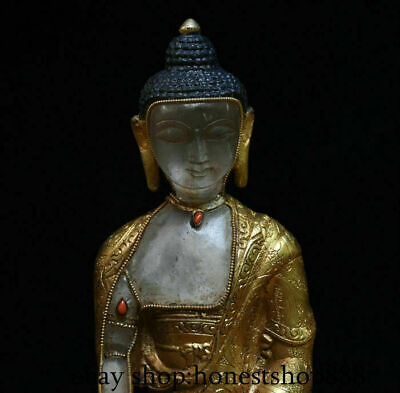 8.4" Old Tibet Buddhism 24K Gold Gilt Crystal Seat Shakyamuni Buddha Robe Statue 2