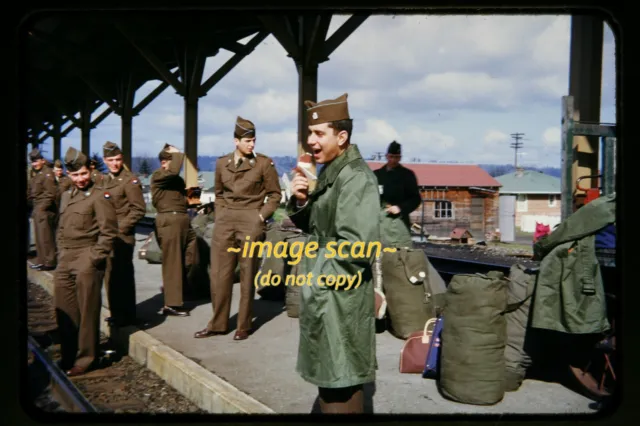 Army Man w/ Ice Cream Bar at Train Station Depot in 1950s, Kodachrome Slide i20a