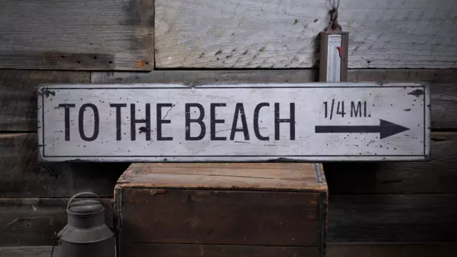 To The Beach Mileage Arrow, Custom - Rustic Distressed Wood Sign